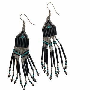 Seed Bead Earrings Black Teal Clear